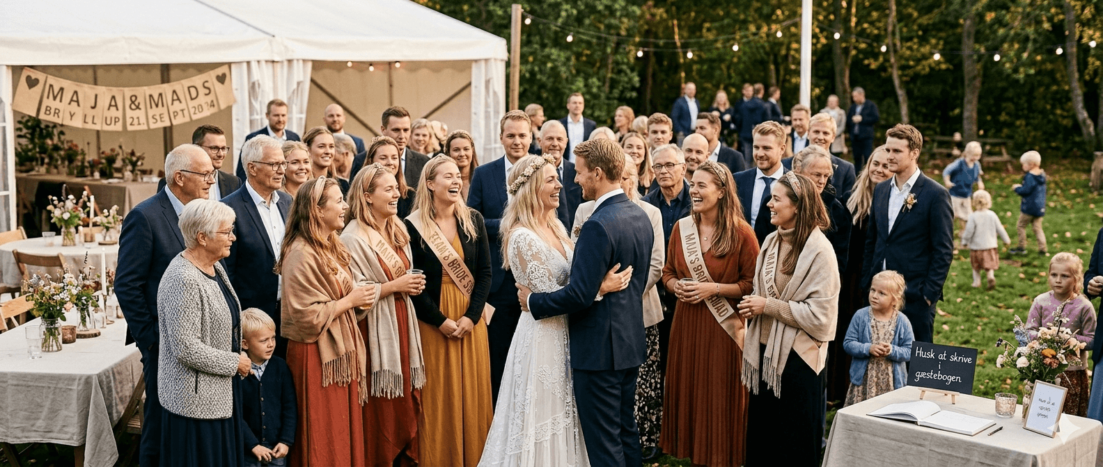 Bryllupspar omgivet af glade gæster til bryllupsfest