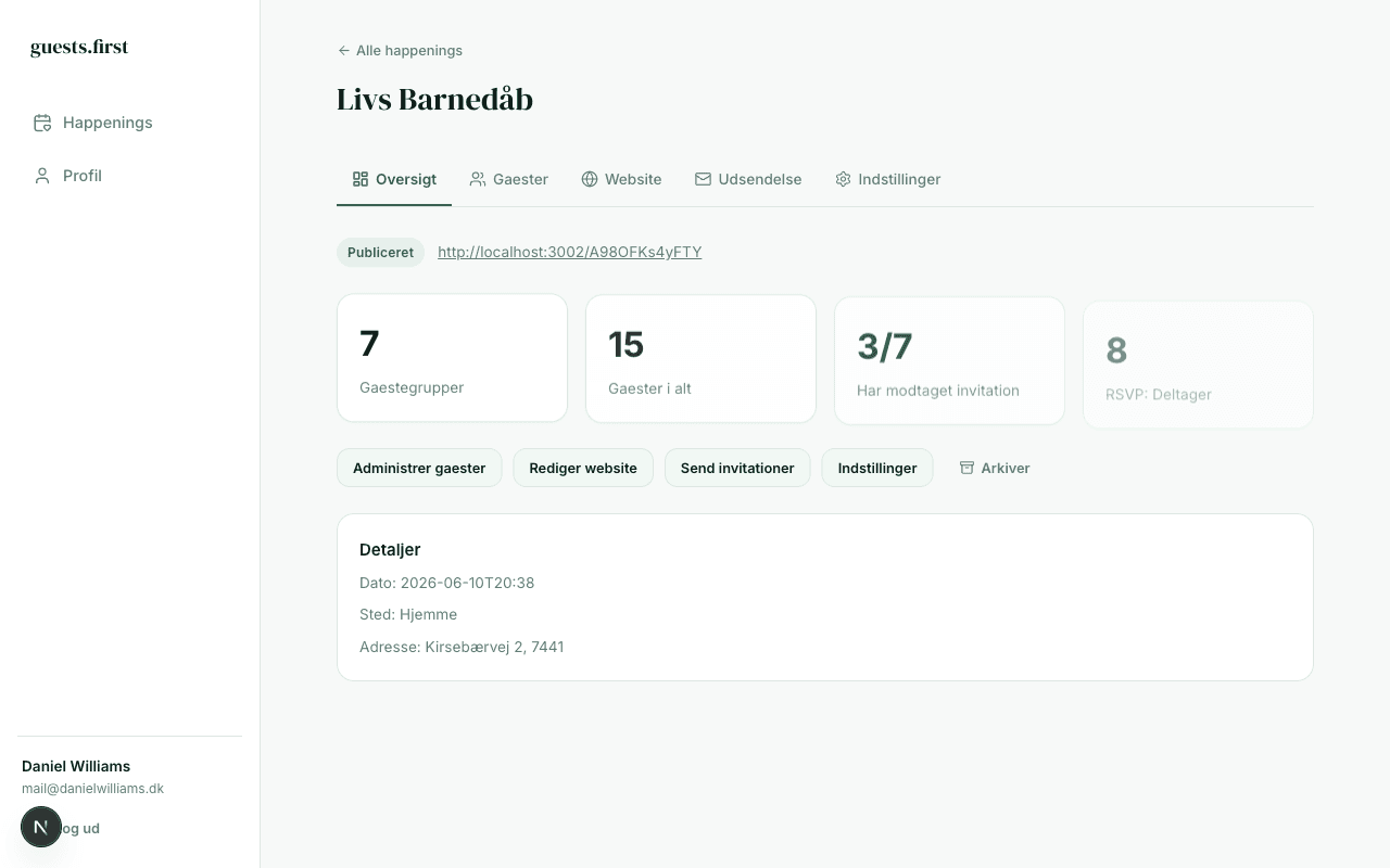 guests.first platform — oversigt over dit happening med gæster, RSVP og statistik