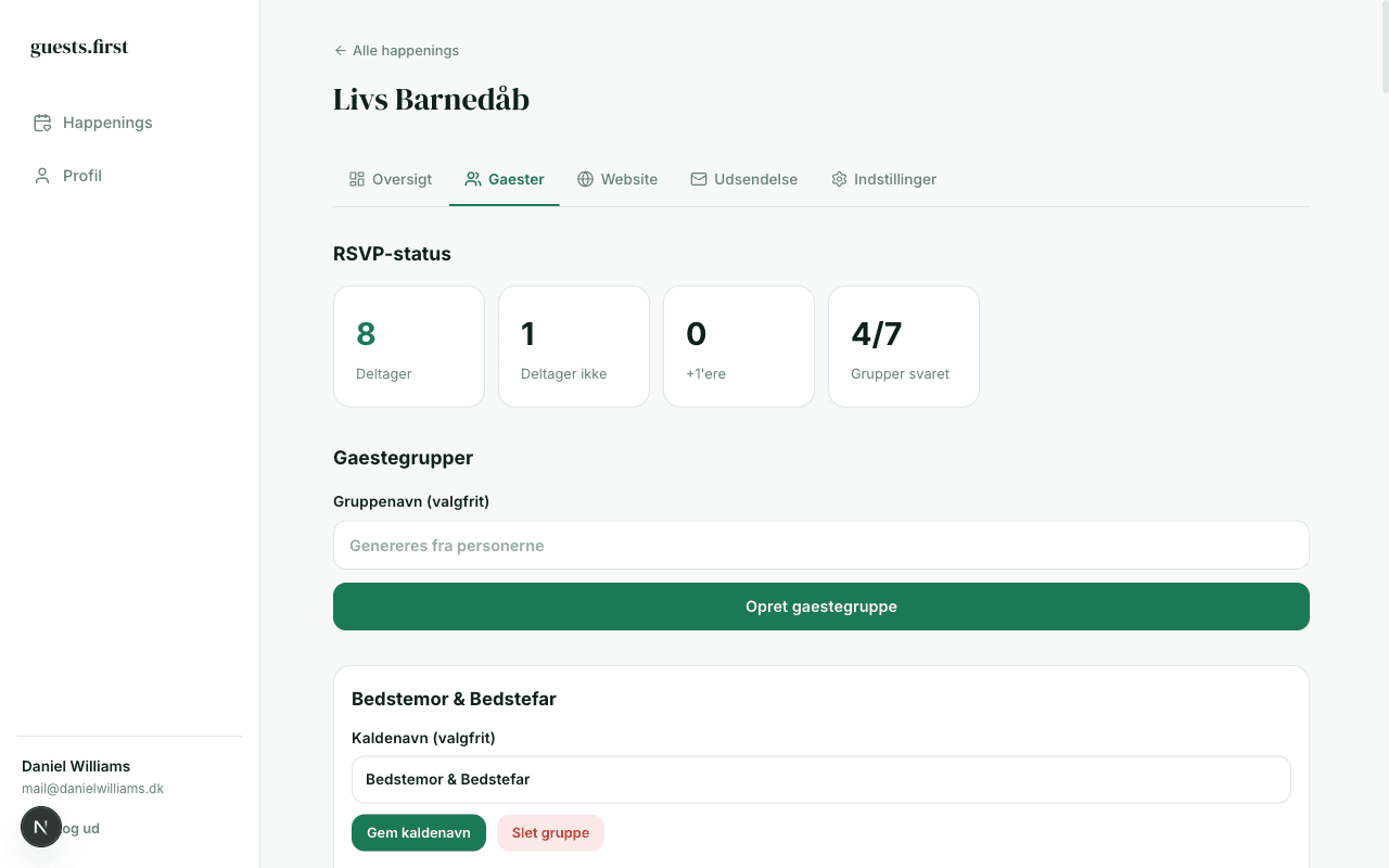 Gæstestyring i guests.first — grupper, medlemmer og RSVP-status