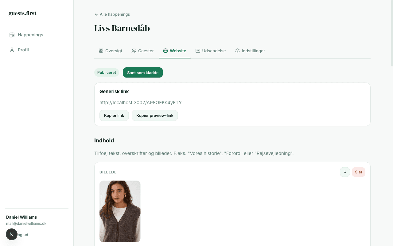 Website-editor i guests.first med indholdsblokke og galleri